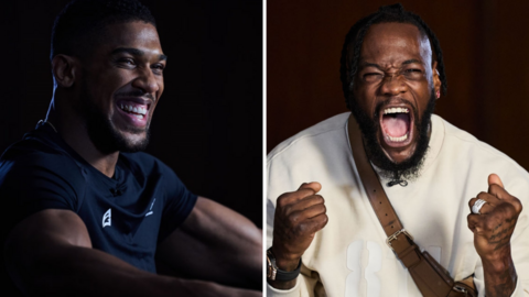 Anthony Joshua smiling beside a picture of Deontay Wilder shouting