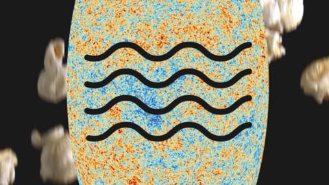 A curvy wave symbol on top of a radiation image in front of popping popcorn 