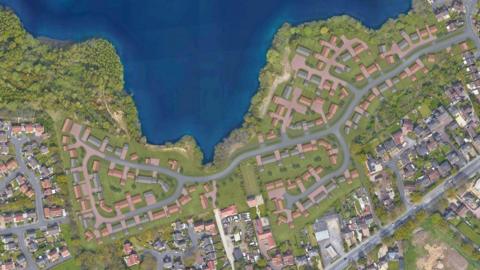 A CGI map of North Hykeham where the homes will be built in between a housing estate and next to a lake