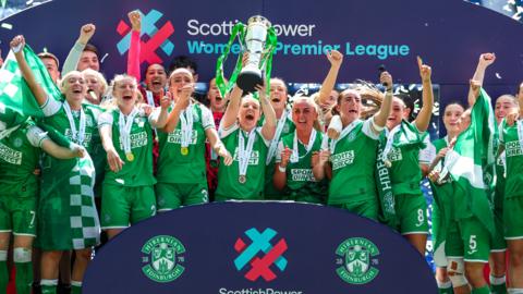 Hibernian players celebrate with the SWPL trophy