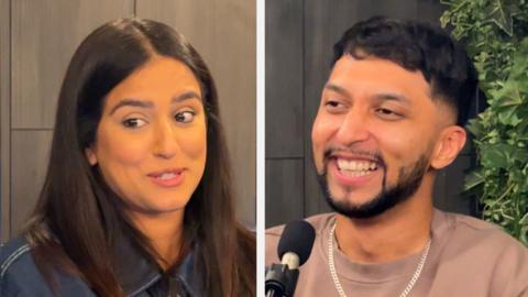 Split screen: A woman, Gura on the left, with long dark hair. A man, SMASH Bengali, smiling with dark hair, on the right.