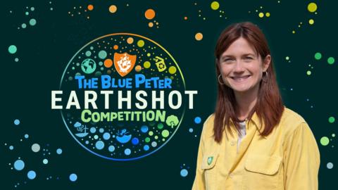 Bonnie Wright smiling and wearing a yellow shirt and a Green Blue Peter badge. The Blue Peter Earthshot Competition logo.