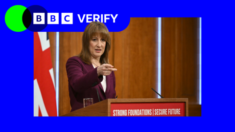 Rachel Reeves stands at a podium bearing the message, 'Strong foundations, secure future'