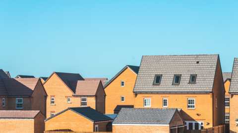 Brown brick homes bathed in light in a new development. The sky is pure blue with not a cloud in sight.