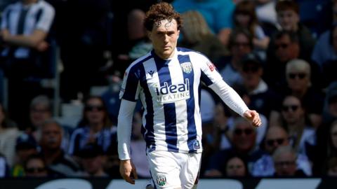 Callum Styles, wearing West Bromwich Albion's white and navy blue striped home shirt, during the 0-0 draw with Ipswich