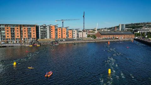 An aerial view of the swim start of IRONMAN 70.3 Swansea which is the first Pro Series race to be held in the UK on July 13, 2025 in Swansea, Wales. 