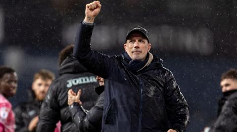 Norwich boss Philippe Clement punching the air after their 5-0 win at West Brom