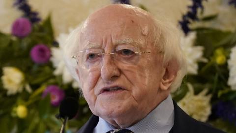 President of Ireland, Michael D Higgins, standing in front of a mic wearing glasses, a navy suit, light blue shirt and patterned blue and gold tie.