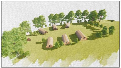 An artist's impression of plans for the development at Alma's Meadow, Smithy Lane, Bowness-on-Windermere. The watercolour-style drawing shows six holiday cabins in a grassy area surrounded by trees. They are long, single-storey buildings with curved roofs, somewhat like old style military accommodation.