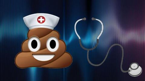 Poo emoji wearing a nurses hat with a stethoscope next to it.