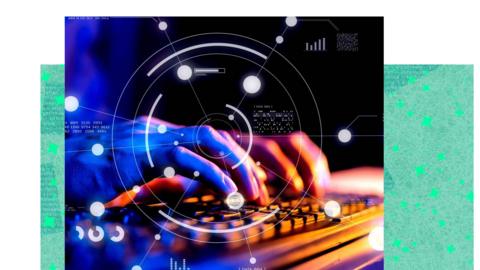 Hands on a laptop with graphical representations of AI