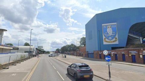 A screenshot of the road outside Sheffield Wednesday's Hillsborough Stadium