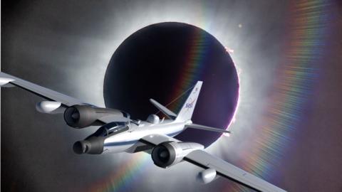 An artistic impression of The aircraft, called the WB-57 in front of an eclipsed Sun.