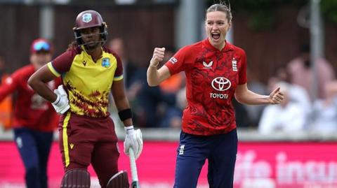 England bowler Lauren Bell celebrates a wicket v West Indies