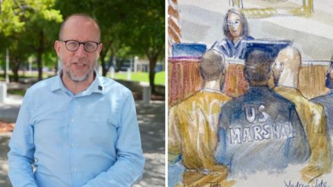On the left, a man in a blue shirt; on the right, a court drawing with two men wearing dark yellow prison suits.