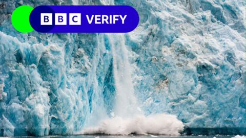 Ice falling from a shelf with BBC Verify branding