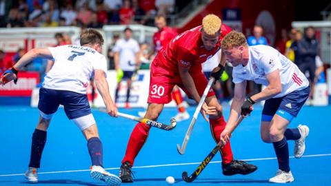 Great Britain in action against Belgium at Lee Valley in London