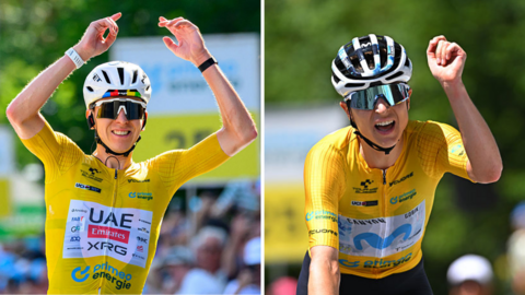 Split image of race leaders Tadej Pogacar and Marlen Reusser winning the final stage of their respective Tour de Suisse races in 2026

