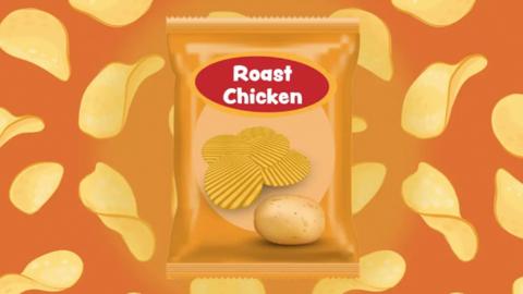 a computerised image of a packet of roast chicken crisps against an orange background