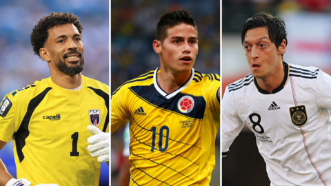 Composite of Cape Verde goalkeeper Vozinha, Colombia's James Rodriguez and Germany's Mesut Ozil