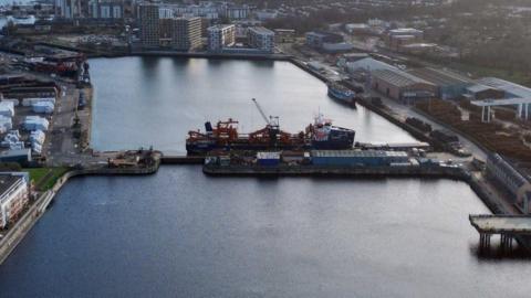 An aerial view of a dockyard