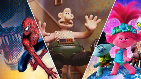 Split image of promo picture for Spiderman 3 (left), Wallace and Gromit (middle) and Trollz (right).