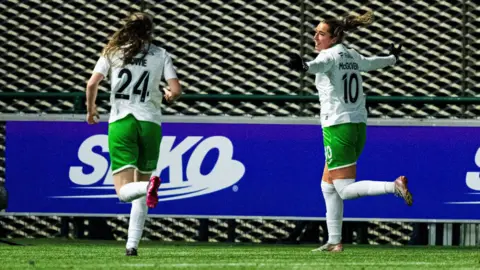 Hibs celebrate after opening scoring against Rangers