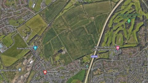 A map image showing the land north east of Springwell village, where the farm would be based. It is surrounded by Gateshead's Black Hill village to the west and George Washington Golf Course to the east. 