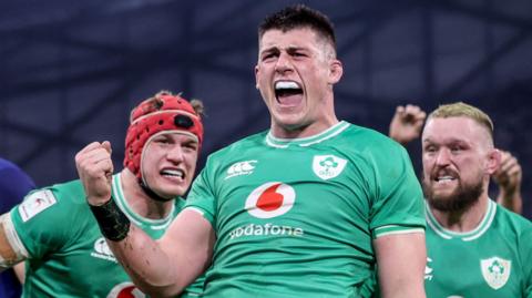 Dan Sheehan pumps his first in celebration during Ireland's win against France in 2023