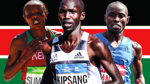 Jemima Sumgong, Wilson Kipsang and Daniel Wanjiru in a composite image in front of the Kenya flag