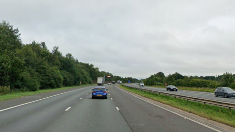 The M6 has six lanes in total, separated by a grassy central reservation with a low metal barrier running along it. The road is bordered by tall trees on the left, and smaller trees and shrubs on the right. There are a mix of cars, vans and trucks on the road, but they are fairly well-spaced apart.