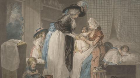 A Visit to the Child at Nurse by William Ward, a painting which shows a rich Georgian lady visiting a room full of children, the smallest held by a nurse.