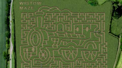 An overhead photo of a green maze which is shaped like a steam train with six wheels and steam blowing out of its front chimney.