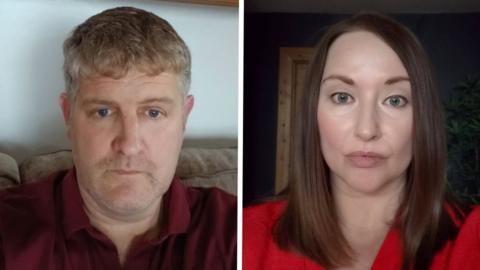 A composite image showing a man with short blonde hair, sat on a brown sofa, wearing a burgundy tshirt. The other image is of a woman with long brown hair, wearing a red top. Both people have neutral expressions.