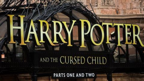 A sign for Harry Potter and the Cursed Child on the Palace Theatre, London.