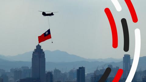 Taiwan flag hanging from helicopter