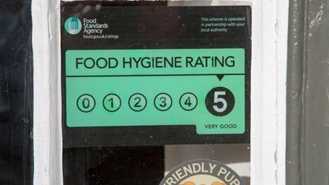A food hygiene rating fixed on the window of a business