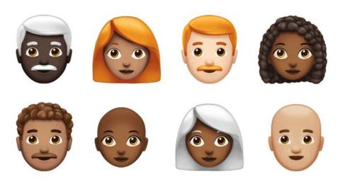 Eight of the soon-to-be-released emojis including white-haired, curly-haired, ginger-haired and bald characters of different races