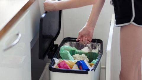 A small silver and black bin's lid is held open by someone's hand. With their other hand they are lifting the middle green bin out. The bin is in the bottom drawer of a cupboard. The person opening the bin is wearing black and white shorts.
