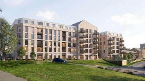 A computer generated image of a block of flats. There is a green lawn in front of it, and a car driving past it.