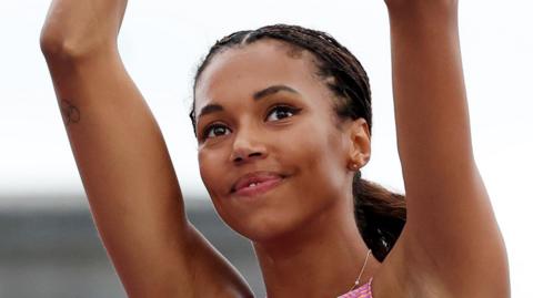 Britain's Morgan Lake celebrates after clearing two metres in Zurich
