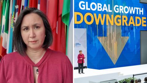Split image shows Michelle Fleury on the left in a red top and an IMF presentation on the right.
