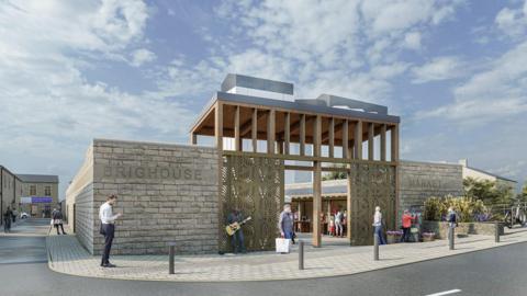 A computer-generated image of Brighouse Market, a stone, open-roof building with metal gates and shoppers mulling around.