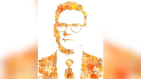 The artwork detailing Keir Starmer made out of orange handprints