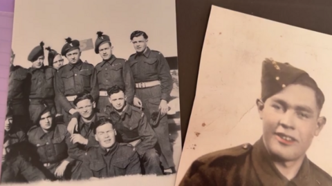 Some faded photos of soldiers during World War Two. On the right there is a photo of a singular man (Norman Butt) and on the left there is a group of soldiers. 