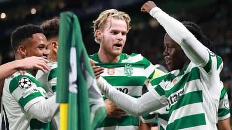  Geovany Quenda celebrates scoring the opening goal for Sporting