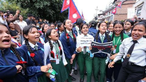 Young protestors in Kathmandu.