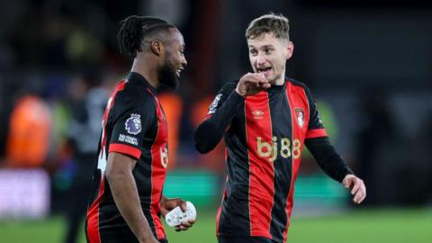 Goalscorer David Brooks with team-mate Antoine Semenyo of Bournemouth after their sides 1-0 win during the Premier League match between AFC Bournemouth and Everton FC at Vitality Stadium