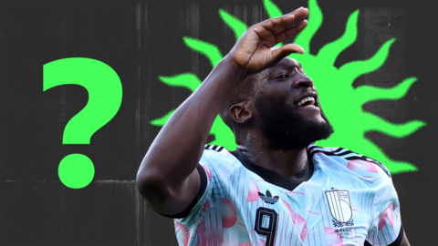 Romelu Lukaku celebrating next to a green question mark