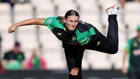 Tilly Corteen-Coleman in a bowling action